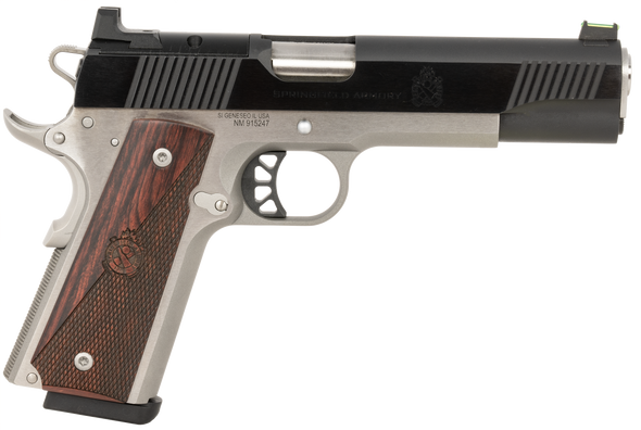 Springfield Armory PX9121LAOS 1911 Ronin 10mm Auto 8+1, 5" Stainless Match Grade Steel Barrel, Blued Serrated Carbon Steel Slide, Stainless Steel Steel Frame w/Beavertail, Crossed Cannon Wood Grip
