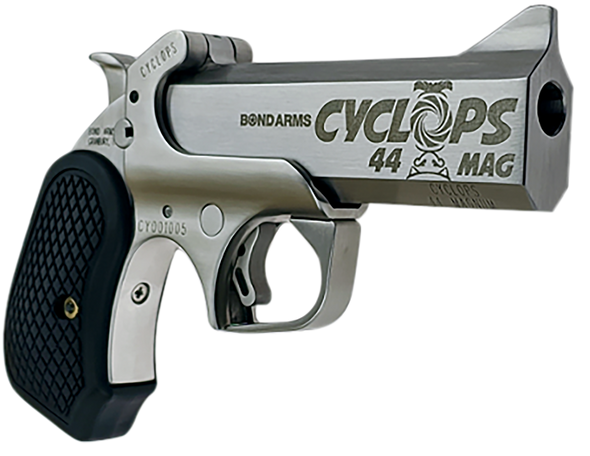 Bond Arms BACYP Cyclops Big Bore 44 Mag 1rd 4.25"  Stainless Steel w/Engraved Barrel, Matte Stainless Frame, Black Extended B6 Resin Grip