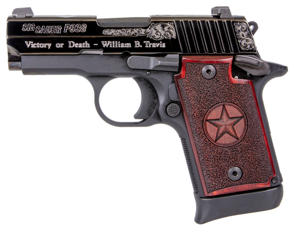 Sig Sauer 9389TXSAMBI P938 Texas Engraved Silver 9mm Luger 3" 7+1 Black Aluminum Frame Black Nitron Stainless Steel with Silver Accents Slide Redwood Grip Night Sights