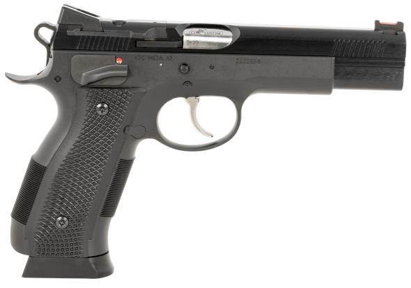 CZ-USA 91732 A01-SD Custom 9mm Luger 19+1 4.93" Blued Match Grade Bull Barrel, Blued Optic Ready/Serrated Slide, Blued Steel Frame w/Beavertail Black Checkered Polymer Grips