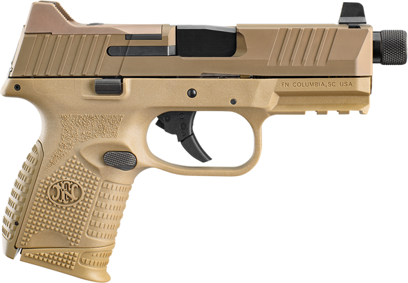 FN 66100781 509CT  Compact 9mm Luger 10+1, 4.32" Black Steel Threaded Barrel, Flat Dark Earth PVD Optic Cut/Serrated Stainless Steel Slide, Flat Dark Earth Polymer Frame w/Picatinny Rail, Ambidextrous - 123430