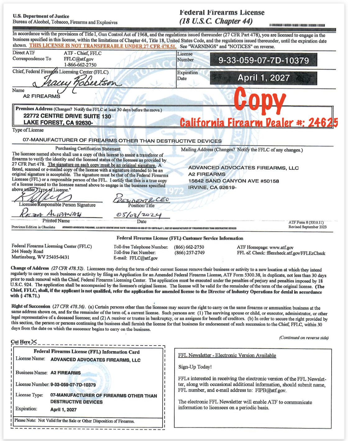 Federal Firearm License for A2 Firearms