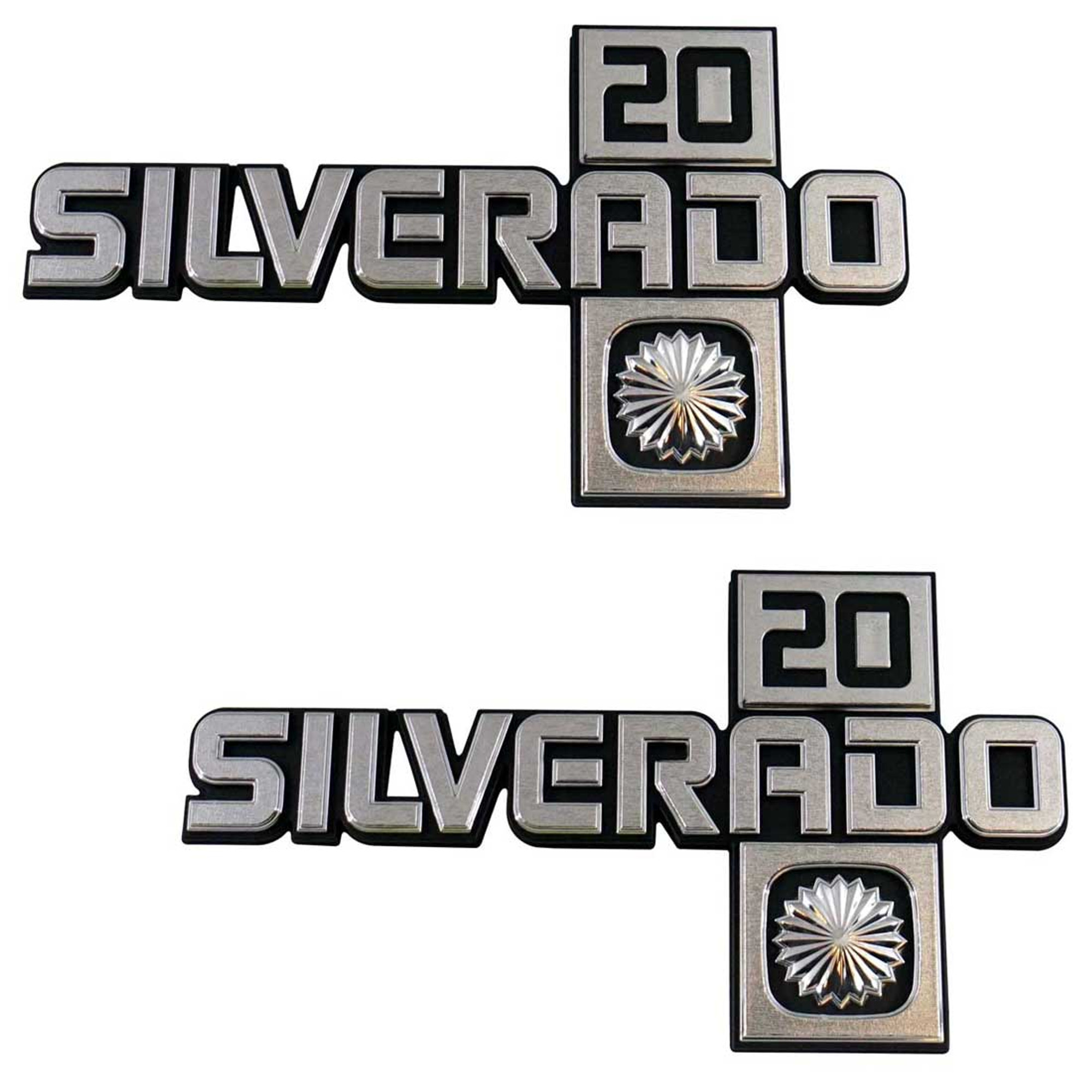 Trim Parts 1981-1987 Chevrolet Truck Front Fender "Silverado 20" Emblems W/Fasteners, Pair - (9915)