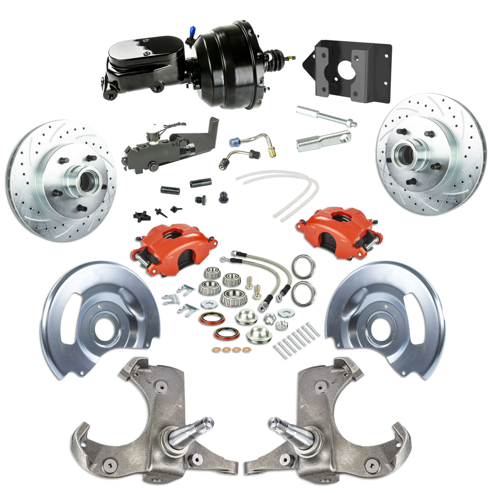 The Right Stuff 63-66 Chevy/GMC Truck/Sub, Power Front Disc Brake Kit Red Calipers Black upper 5x5 Bolt Pattern - (TDC6325ZY)