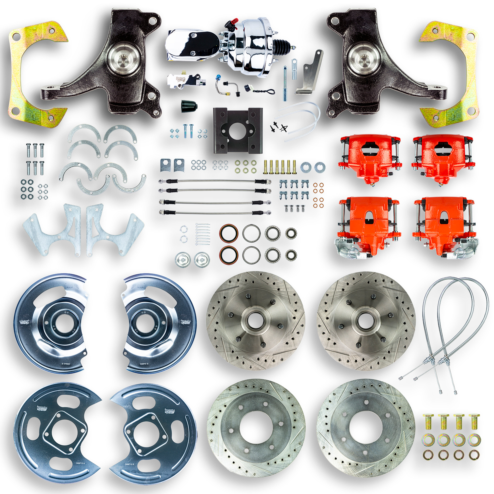 The Right Stuff 63-66 GM C10/15 Truck 2WD, 2" Drop Pwr 4-Wheel Disc, Red Calipers, Chrome Upper 6x5.5 Bolt Pattern - (TDC6356DZX)