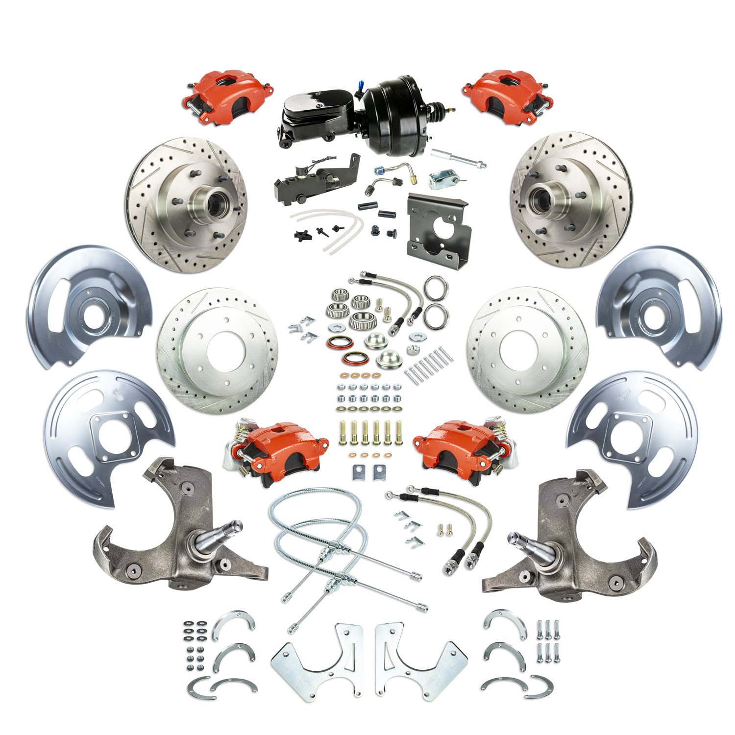 The Right Stuff 67-70 GM C10/15 Truck/Sub w/2WD Power 4-Wheel Disc Kit, Red Calipers Black Upper 6x5.5 Bolt Pattern - (TDC6756ZY)