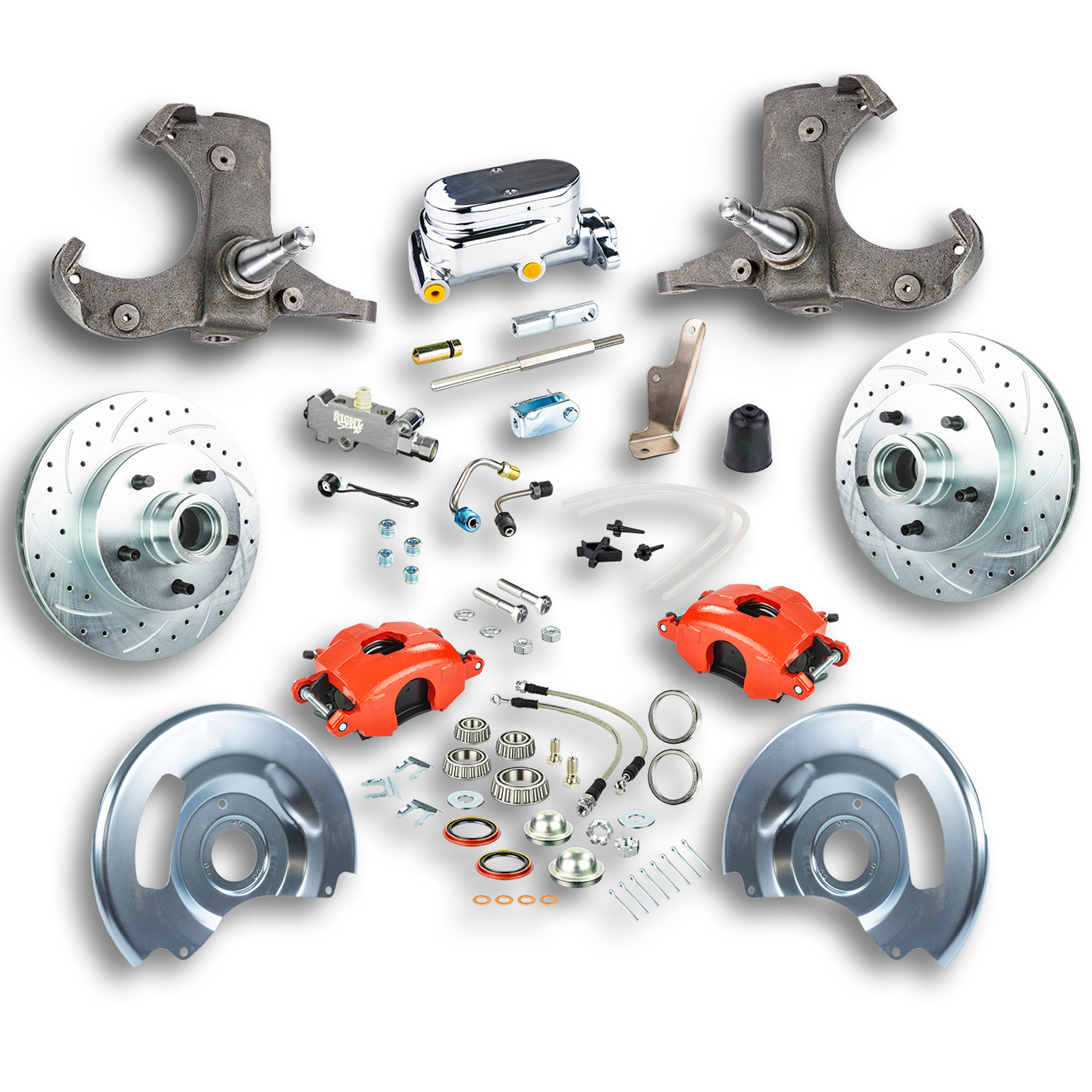 The Right Stuff 60-62 Chevy/GMC Truck & Suburban, Std Front Disc Kit Red Calipers Chrome Upper - (TSD6015ZX)
