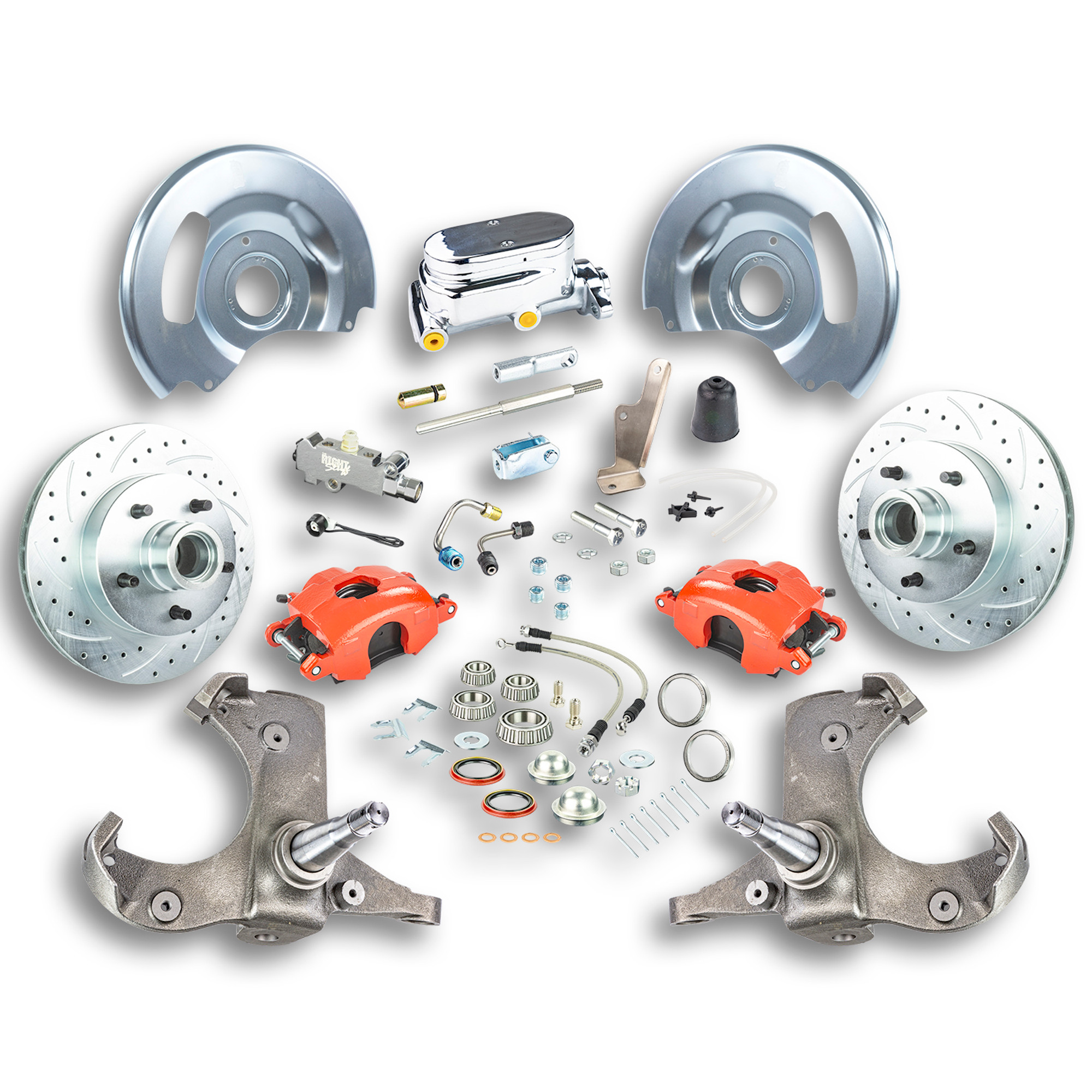 The Right Stuff 63-70 Chevy/GMC Truck & Sub, Manual Front Disc Kit, Red Calipers, Chrome Upper - (TSD6315ZX)