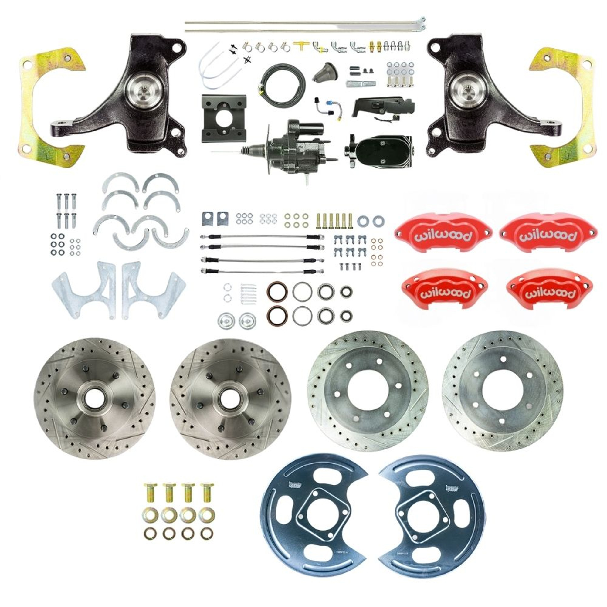 The Right Stuff 63-66 GM Truck 2" Drop Blk Hydraulic Assist 4-Wheel Brakes, Red Wilwood Calipers - (THB6356DZYP)