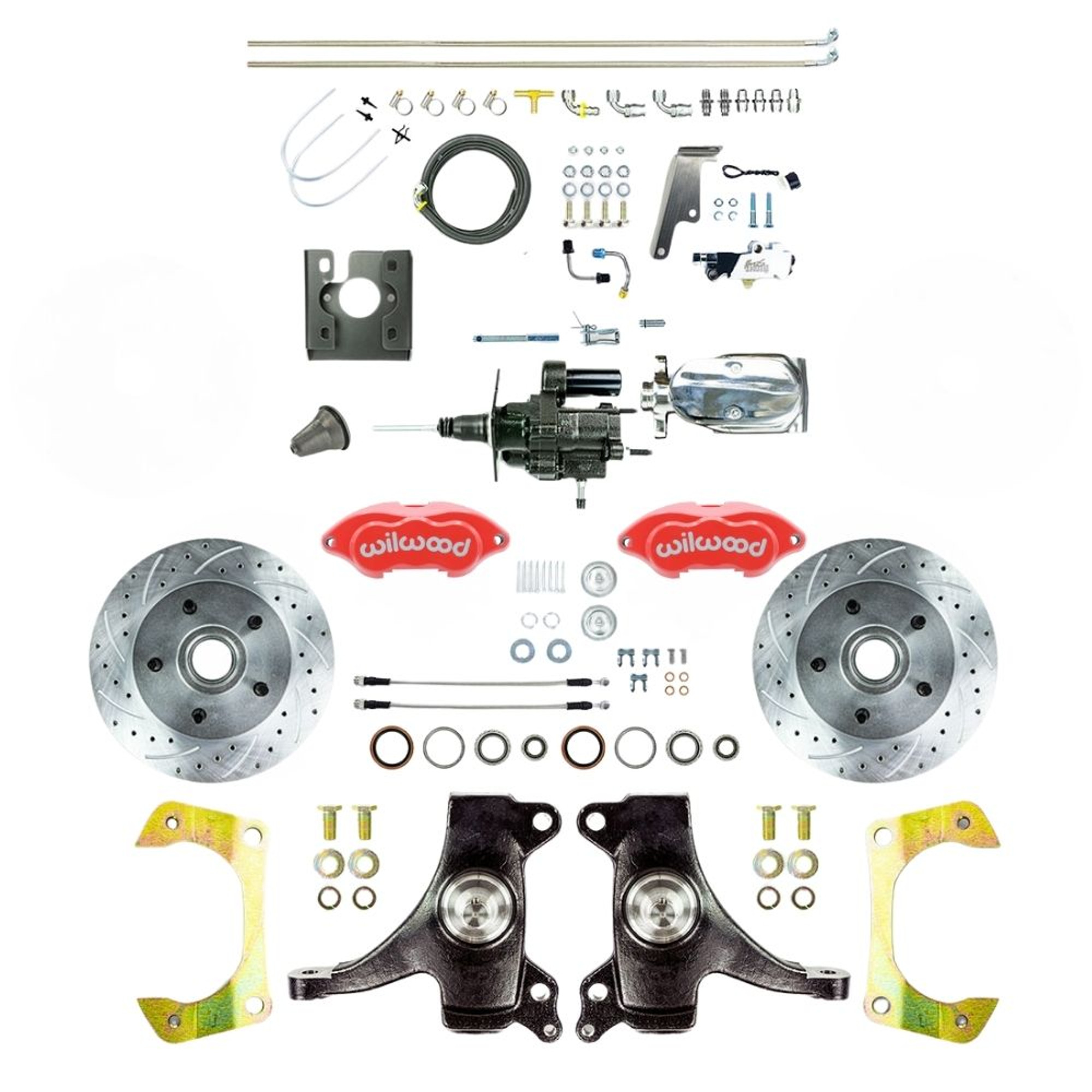 The Right Stuff 67-70 GM Truck 2" Drop, Chrome Hydraulic Assist Front Conv, Red Wilwood Calipers - (THB6725DZXP)
