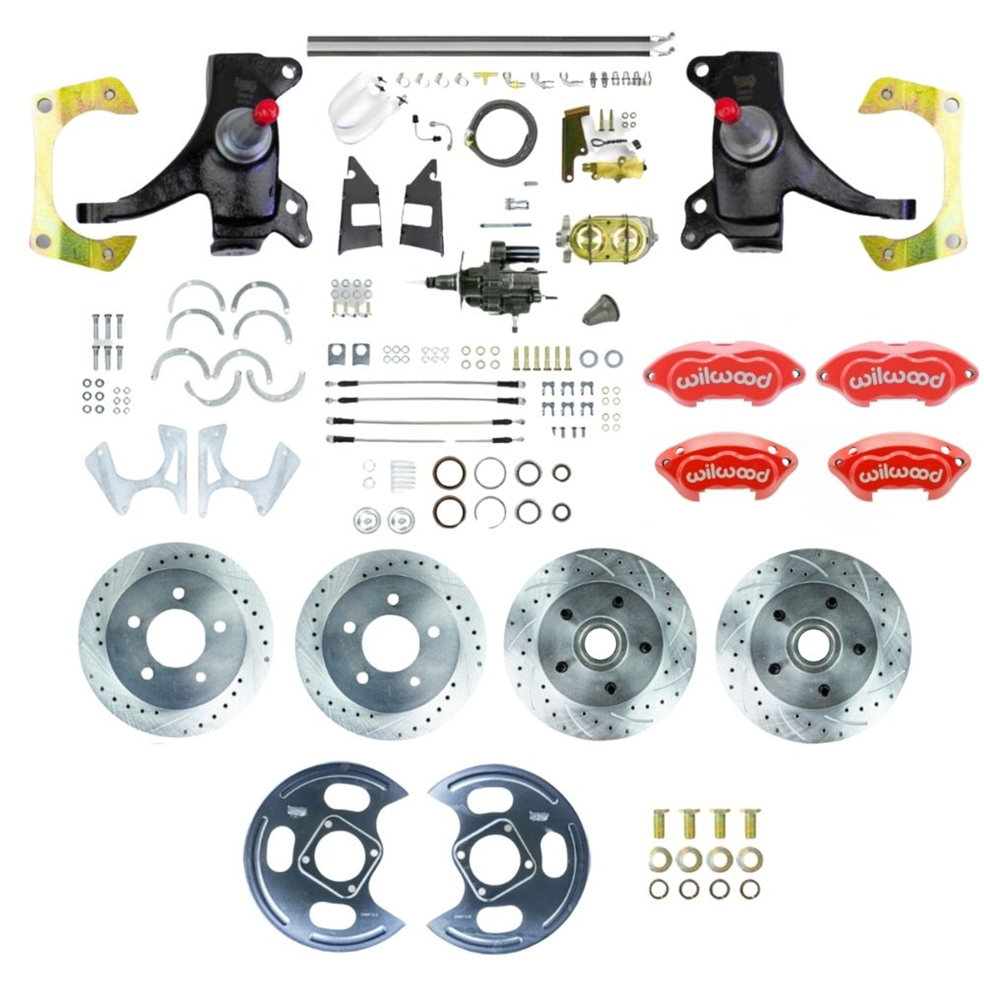 The Right Stuff 1973-87 C10 Truck 2" Drop Hydraulic Assist 4-Wheel Disc Kit Red Wilwood Calipers - (THB7355DZP)