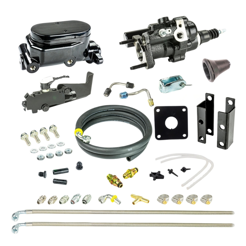 The Right Stuff 1955-58 Full Size Chevy Black Hydro Boost & Master Cylinder Combination Kit with Stainless Hoses Disc/Drum - (BHB555171)