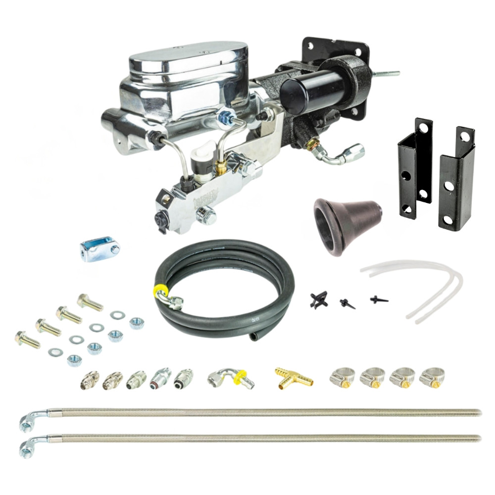 The Right Stuff 1955-58 Full Size Chevy Chrome Hydro Boost & Master Cylinder Combination Kit with Stainless Hoses Disc/Disc - (JHB555672)