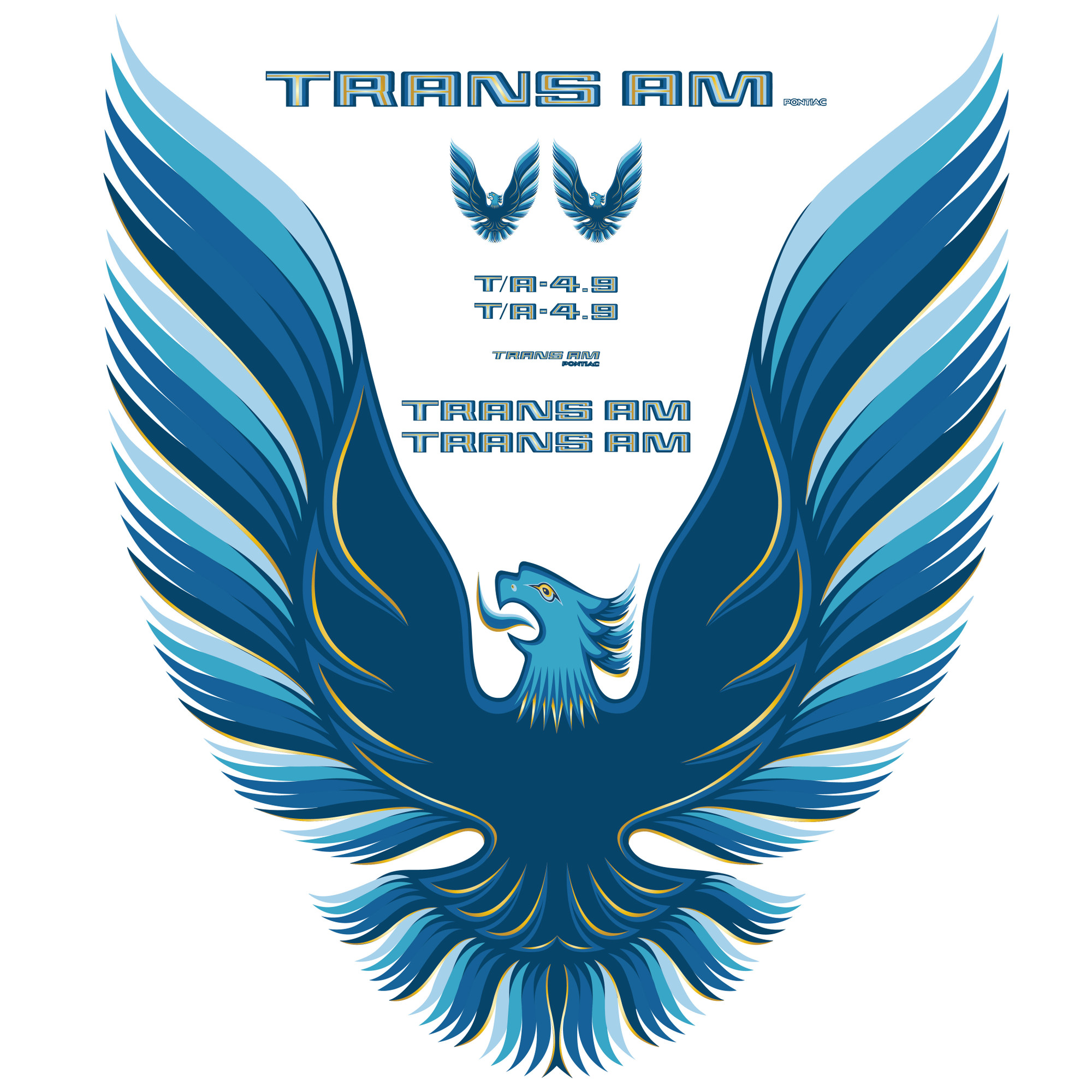 Trim Parts 1979-80 Firebird Trans Am, T/A 4.9, Full Vinyl Decal Kit with Hood Bird - Blue - (TPG-6756)