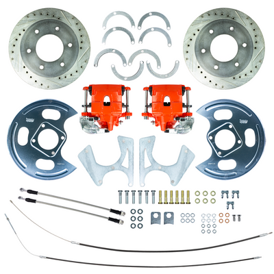 1973-1987 Chevy/GMC Truck Rear Disc Brake Conversion Kit, with Red Calipers, Drilled and Slotted Rotors, Backing Plates and E-brake Cables, 6 Lug
