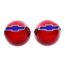 Trim Parts 1956 Chevy Full Size Cars Red Tail Light Lens W/Blue Bowtie & Chrome Trim, Pair - (A1380B)