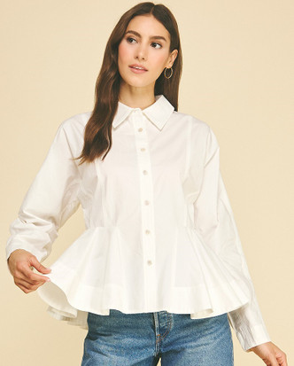 PINCH PEPLUM HEM BUTTON DOWN SHIRT