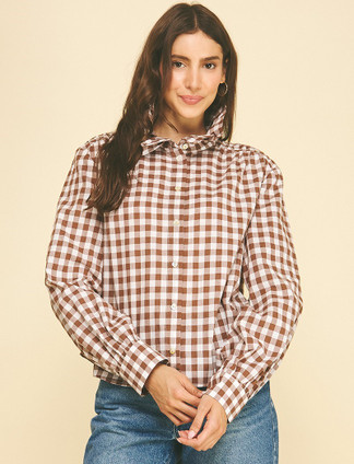 PINCH GINGHAM RUFFLED NECK SHIRT