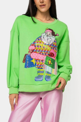 QUEEN OF SPARKLES COLORFUL SHOPPING SANTA SWEATSHIRT