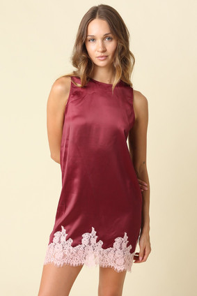 OLIVACEOUS LACE TRIM SATIN DRESS