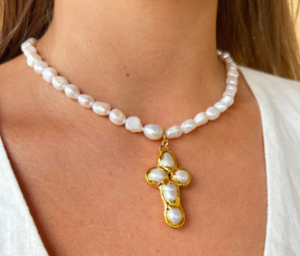 VIRTUE MINI FRESWWATER PEARL CROSS NECKLACE