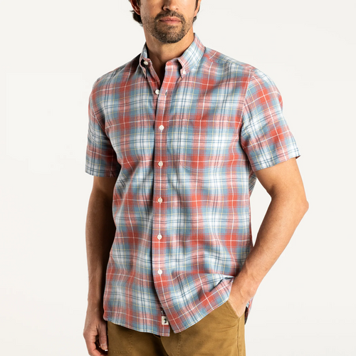 DUCK HEAD GIBBS PLAID LINEN COTTON OXFORD SPORT SHIRT - FADED RED
