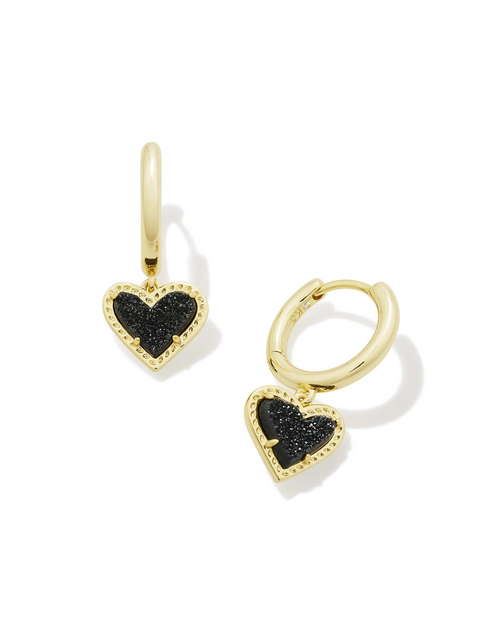 KENDRA SCOTT ARI HEART HUGGIE EARRINGS - BLACK DRUSY