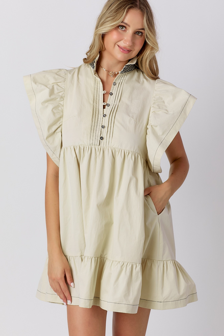 TAUPE RUFFLE SLEEVE DRESS