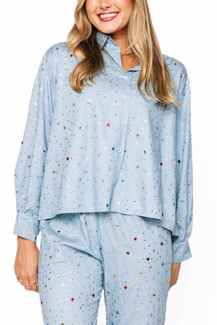 QUEEN OF SPARKLES MULTI RHINESTONE BUTTON DOWN