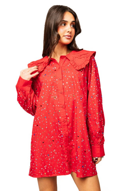 QUEEN OF SPARKLES HEART COLLAR RHINESTONE RED DRESS