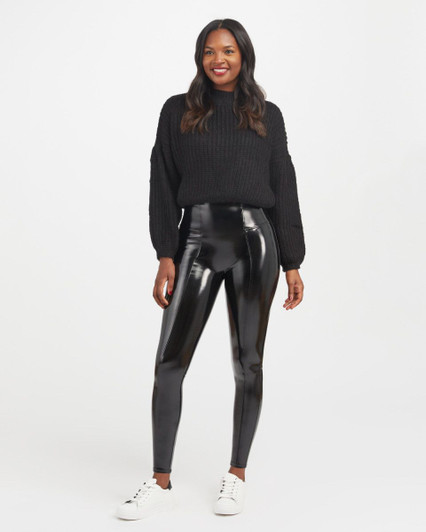 SPANX Women's Size Medium Black Faux Leather Camo Leggings 20185R EUC