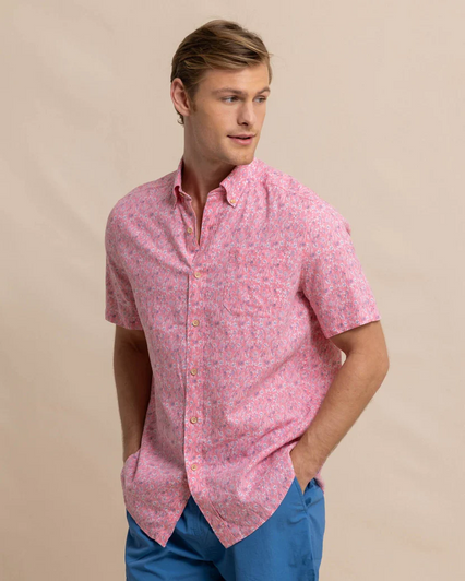 SOUTHERN TIDE LINEN RAYON DITZY FLORAL SHORT SLEEVE SPORT SHIRT