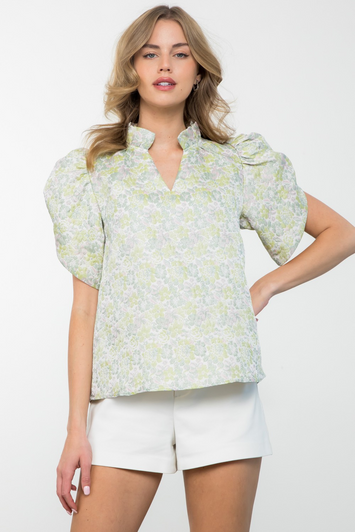 JAQUARD RUCHED SLEEVE TOP