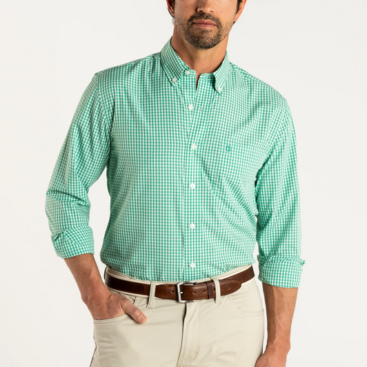 DUCK HEAD WALTON GINGHAM PERFORMANCE POPLIN SPORT SHIRT - TIDAL GREEN