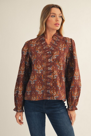 BROWN RUFFLE ACCENT BOHO PRINT TOP