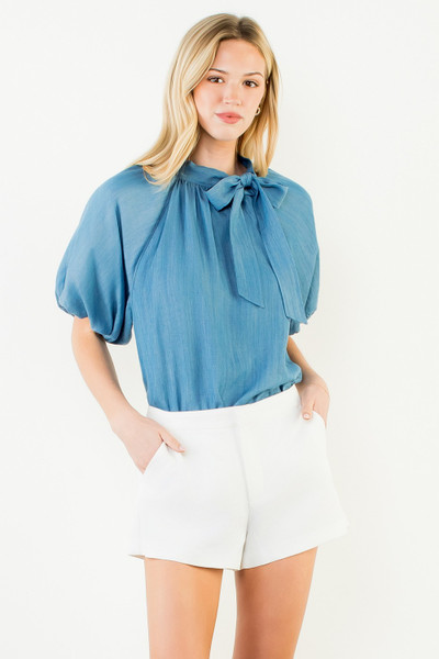 THML PUFF SLEEVE TIE KNOT COLLAR TOP