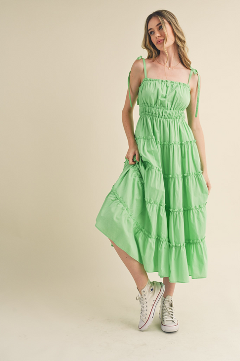 GREEN TIERED MIDI DRESS