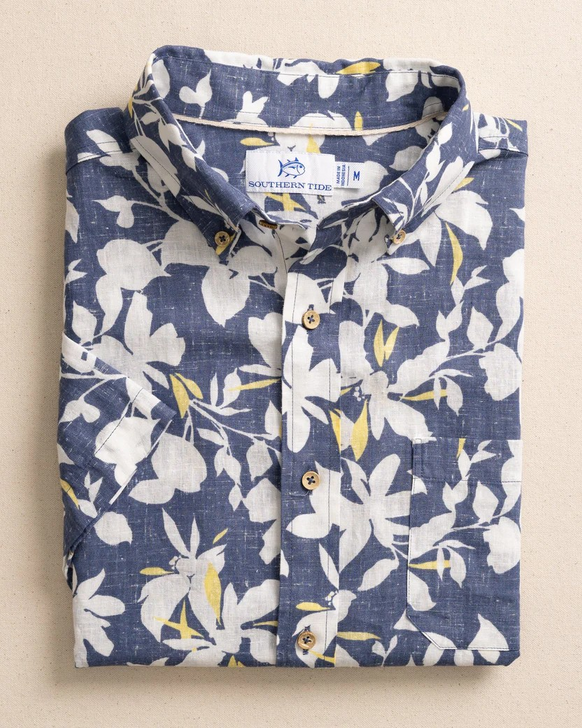 SOUTHERN TIDE BLOSSOM BAY LINEN RAYON SHORT SLEEVE SPORT SHIRT