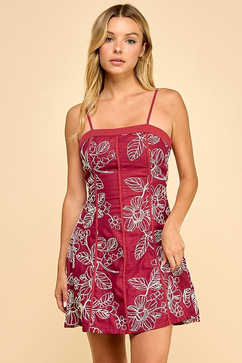 MAROON EMBROIDERY MINI DRESS