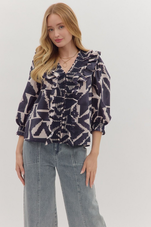 NAVY RUFFLE PUFF SLEEVE TOP