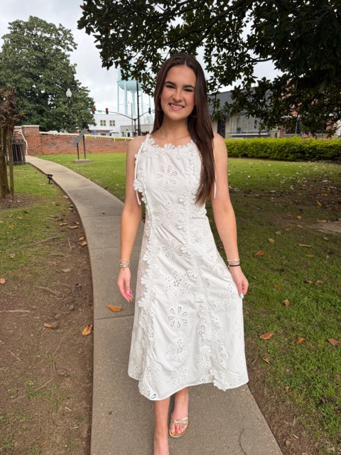 BABY PINK EYELET LACE MIDI DRESS