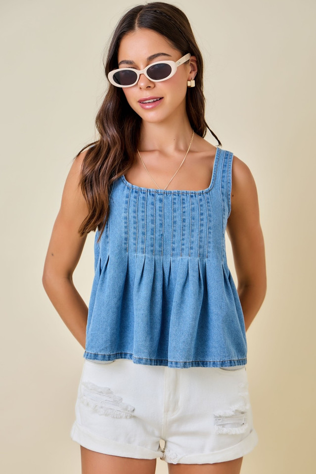 DAY + MOON PLEATED DENIM TOP