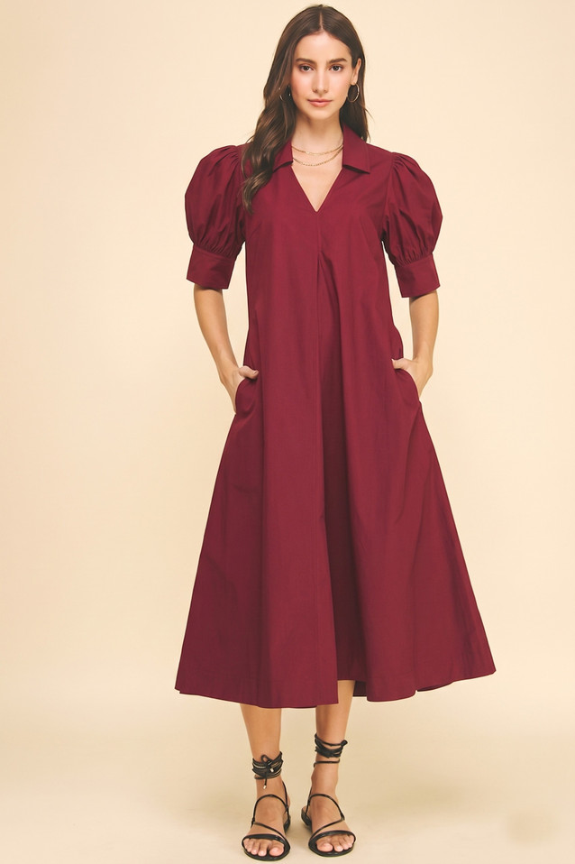PINCH V-NCK PLEATED A-LINE DRESS