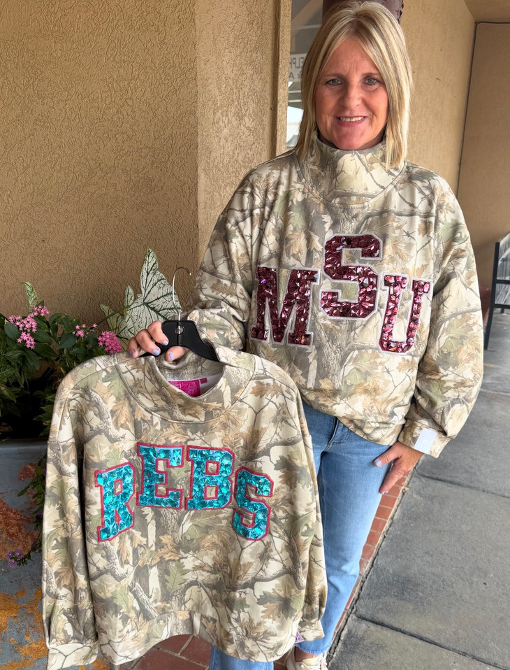 QUEEN OF SPARKLES LICENSED OLE MISS CAMO MOCKNECK SWEATSHIRT