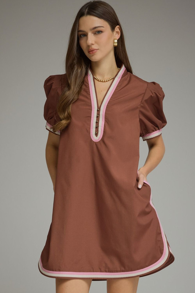 ENTRO PUFF SLEEVE PIPE TRIM DRESS
