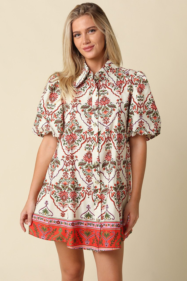 OLIVACEOUS PRINTED PUFF SLEEVE DRESS