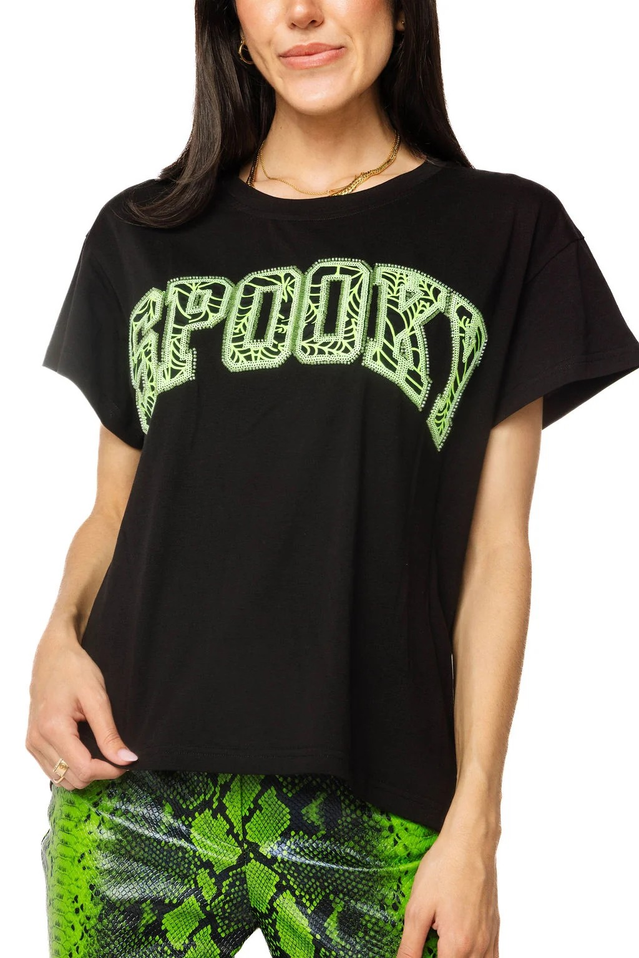 QUEEN OF SPARKLES BLACK & NEON GREEN SPIDER WEB TEE