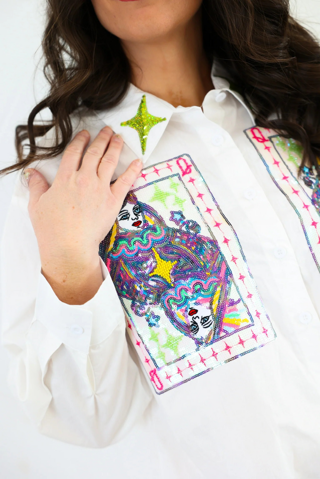 QUEEN OF SPARKLES QUEEN CARD BUTTON UP
