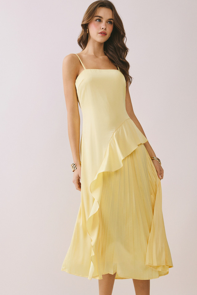 TCEC YELLOW RUFFLE SATIN MIDI DRESS