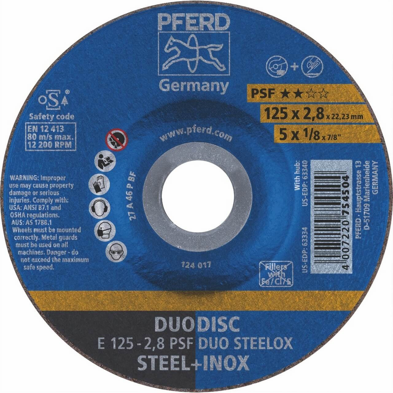 Pferd E A46P PSF Duo Steelox 125x2.8x22 Cut/Grind Disc 10/box